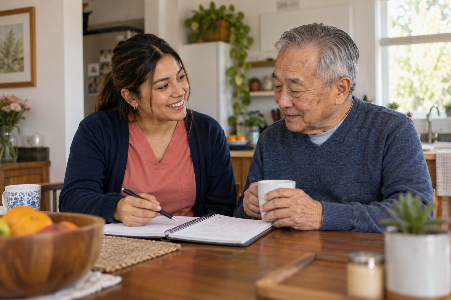 Young Latina caregiver talking with an older Asian man at a kitchen table