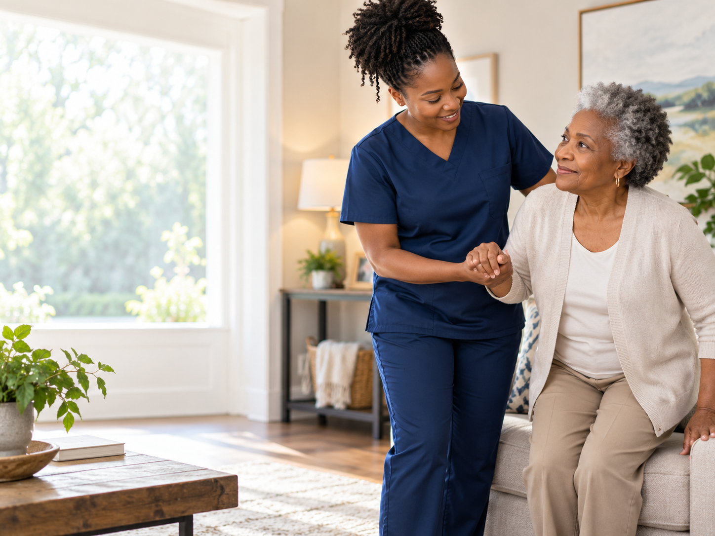 A caregiver warmly supporting an older woman at home
